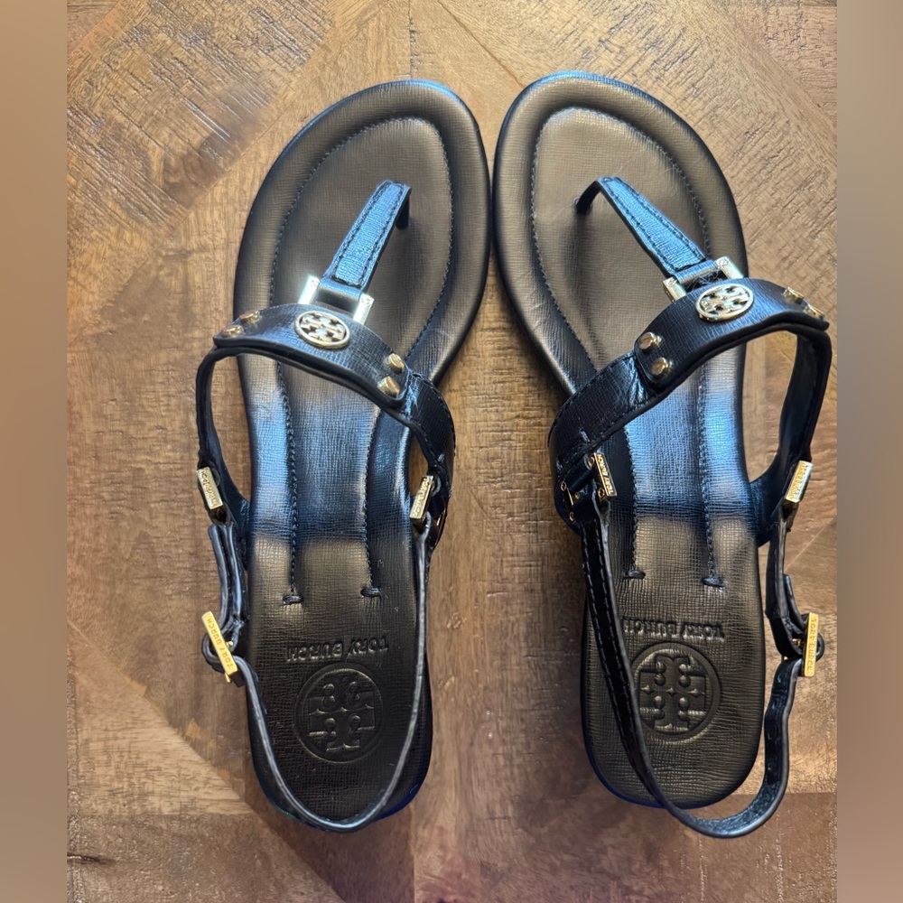 Tory Burch Black Robinson Demi Wedge Sandals NIB size 10